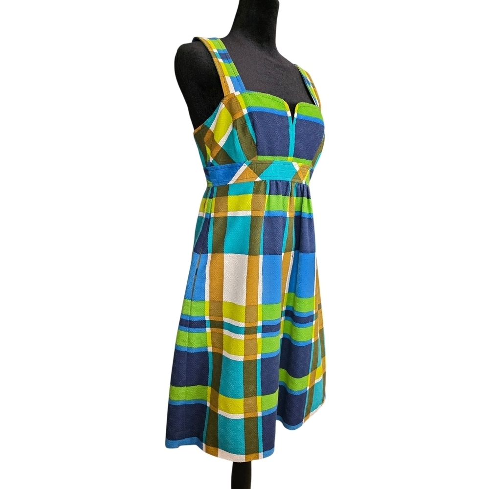 Trina Turk Retro Plaid Jacquard Sweetheart Neckline Fit-and-Flare Midi Dress 6 - Picture 2 of 16